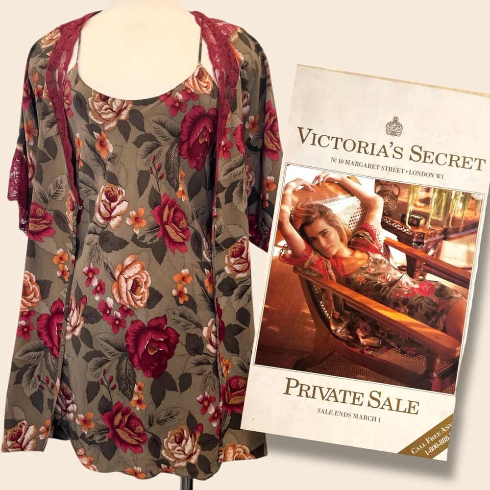 1991 Victoria’s Secret Silk Floral Print Red Lace Robe Slip Vintage Peignoir Set